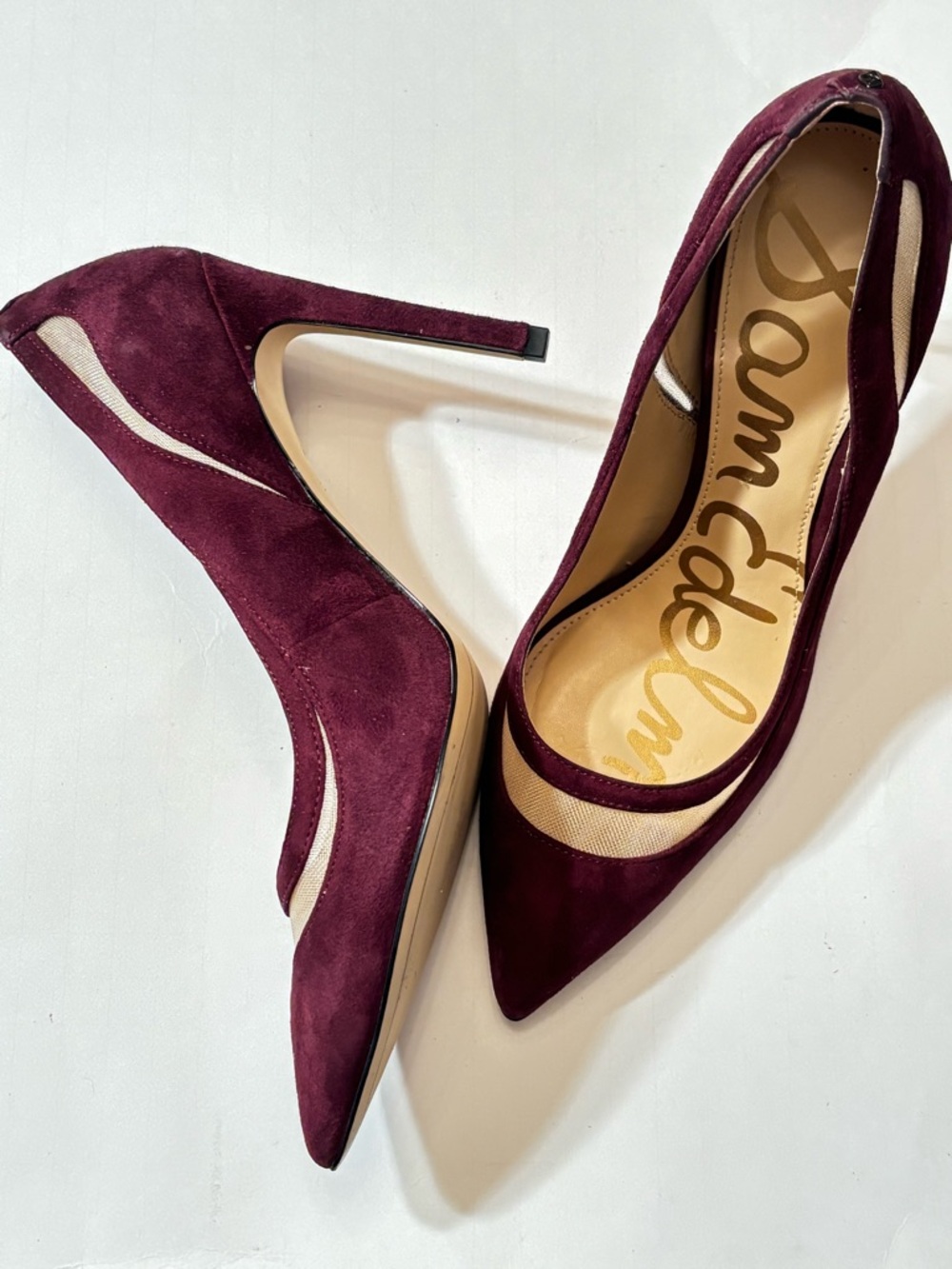 Sam Edelman Burgundy Suede Pointed-Toe Mesh-Inset Pumps - Picture 3 of 15